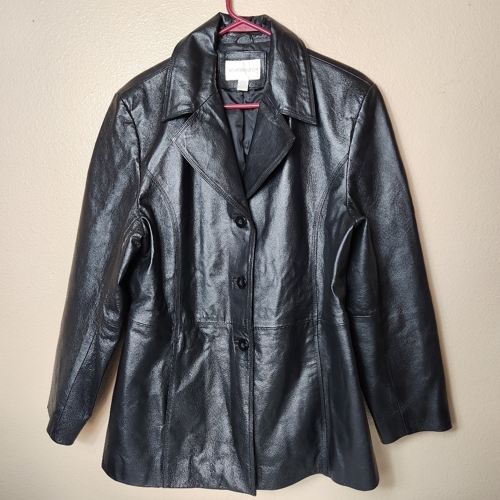 Worthington Womens Black Leather Notch Collar Buttonfront Jacket-Size XL